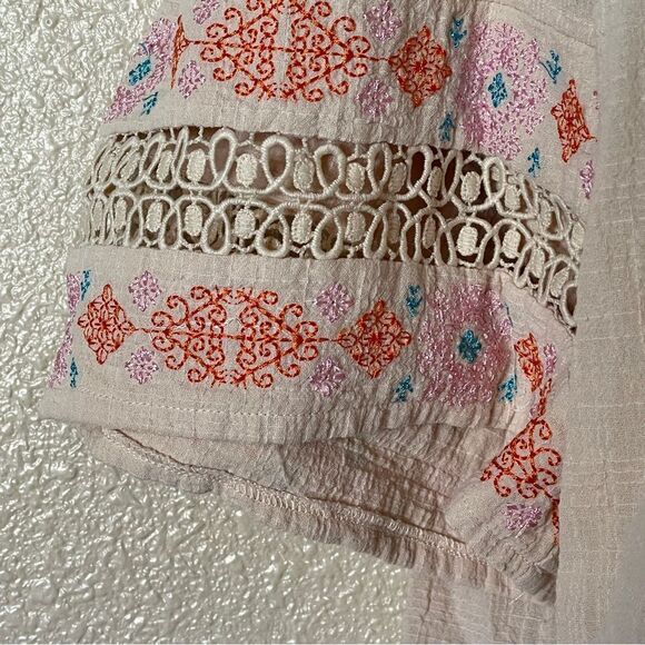 Beige Tassel Drawstring Boho Chic Embroidered Half Sleeve V Neck Top Size M - Picture 5 of 15